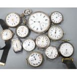A George V silver open faced pocket watch, two silver or white metal fob watches and nine assorted