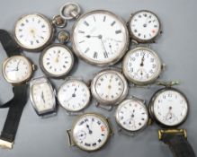 A George V silver open faced pocket watch, two silver or white metal fob watches and nine assorted