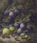 Oliver Clare (1853-1927), oil on card, Still life of apples, plums, raspberries and gooseberries,