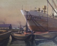 James Charles Middleton (b.1894), watercolour, 'Julia, Surrey Docks', exhibition label verso, 28 x