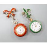 Two lady's early 20th century gilt metal and enamelled fob watches, on enamelled suspension