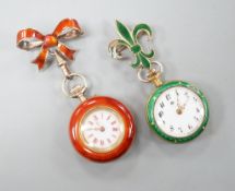 Two lady's early 20th century gilt metal and enamelled fob watches, on enamelled suspension