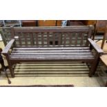 A part painted weathered teak garden bench, length 158cm, depth 56cm, height 84cm