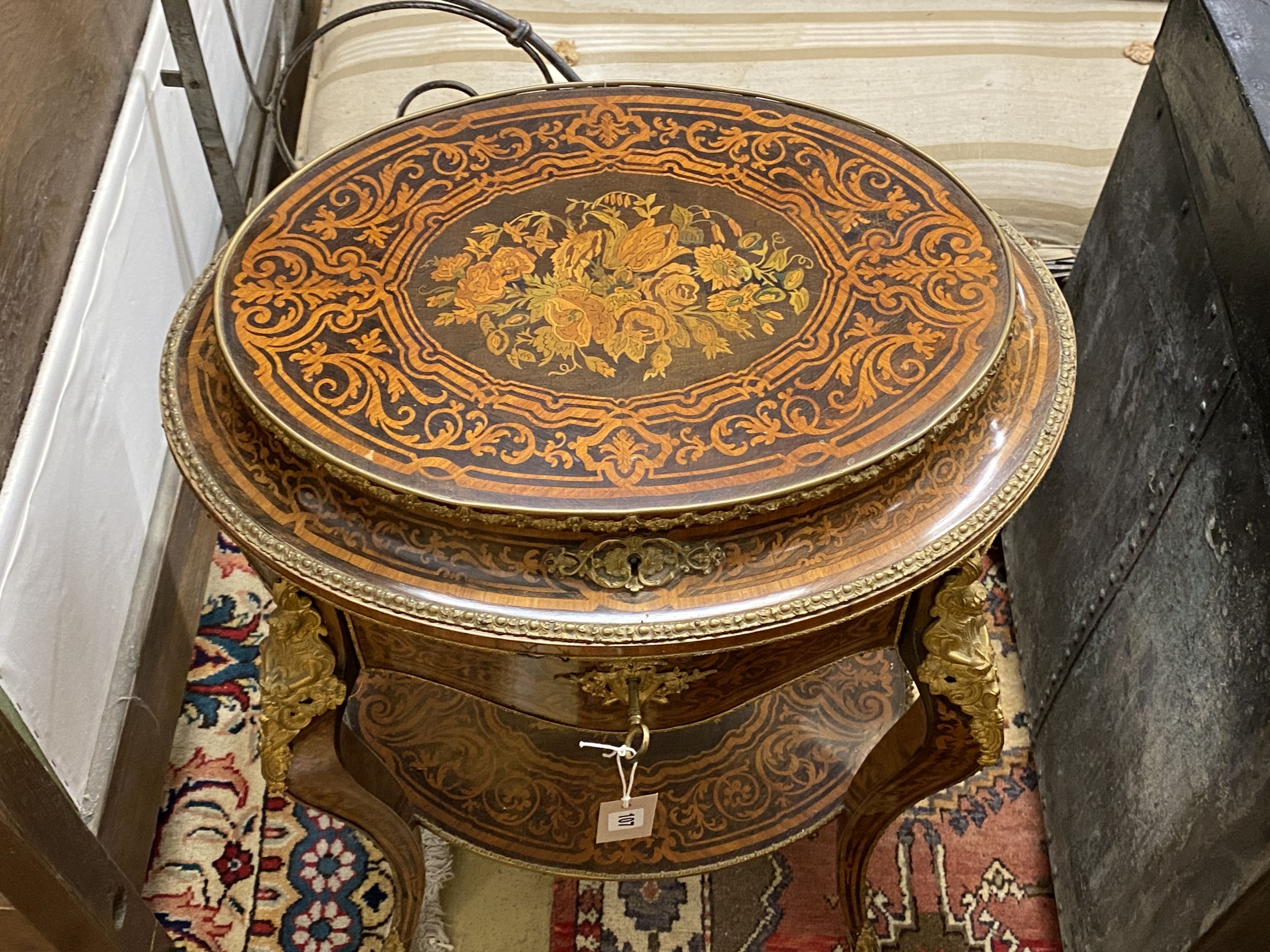 A Louis XVI style marquetry inlaid oval gilt metal mounted two tier work table, width 56cm, depth - Image 2 of 4