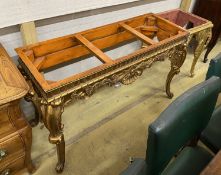 Two 18th century style giltwood table bases (lacking marble tops), larger width 127cm, depth 47cm,