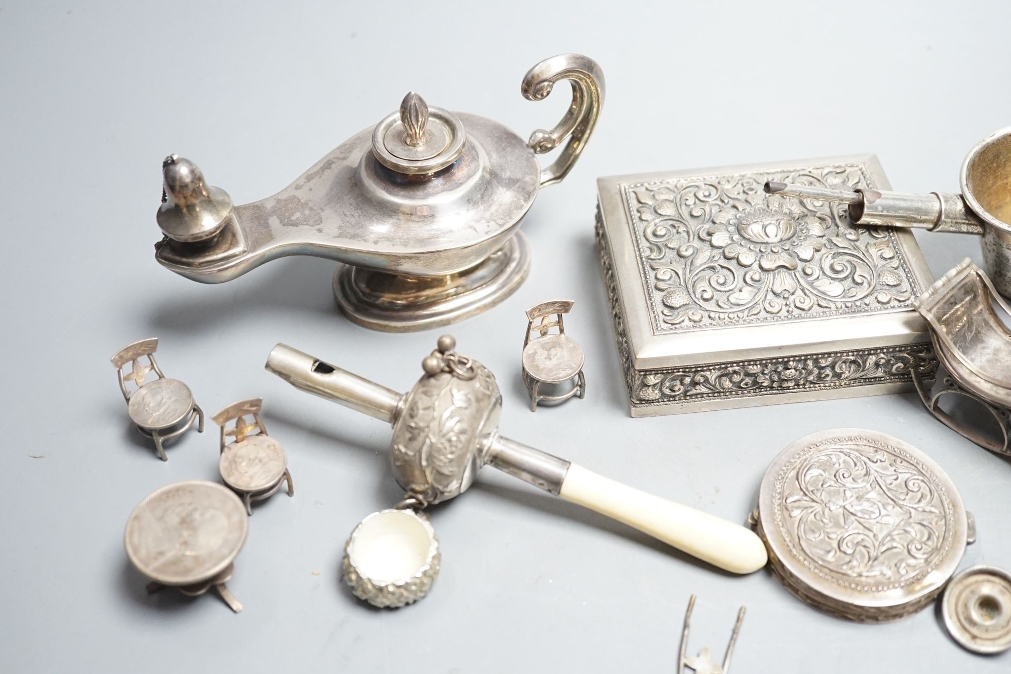 A group of small continental white metal items including a 800 compact, coin mounted miniature - Image 2 of 5