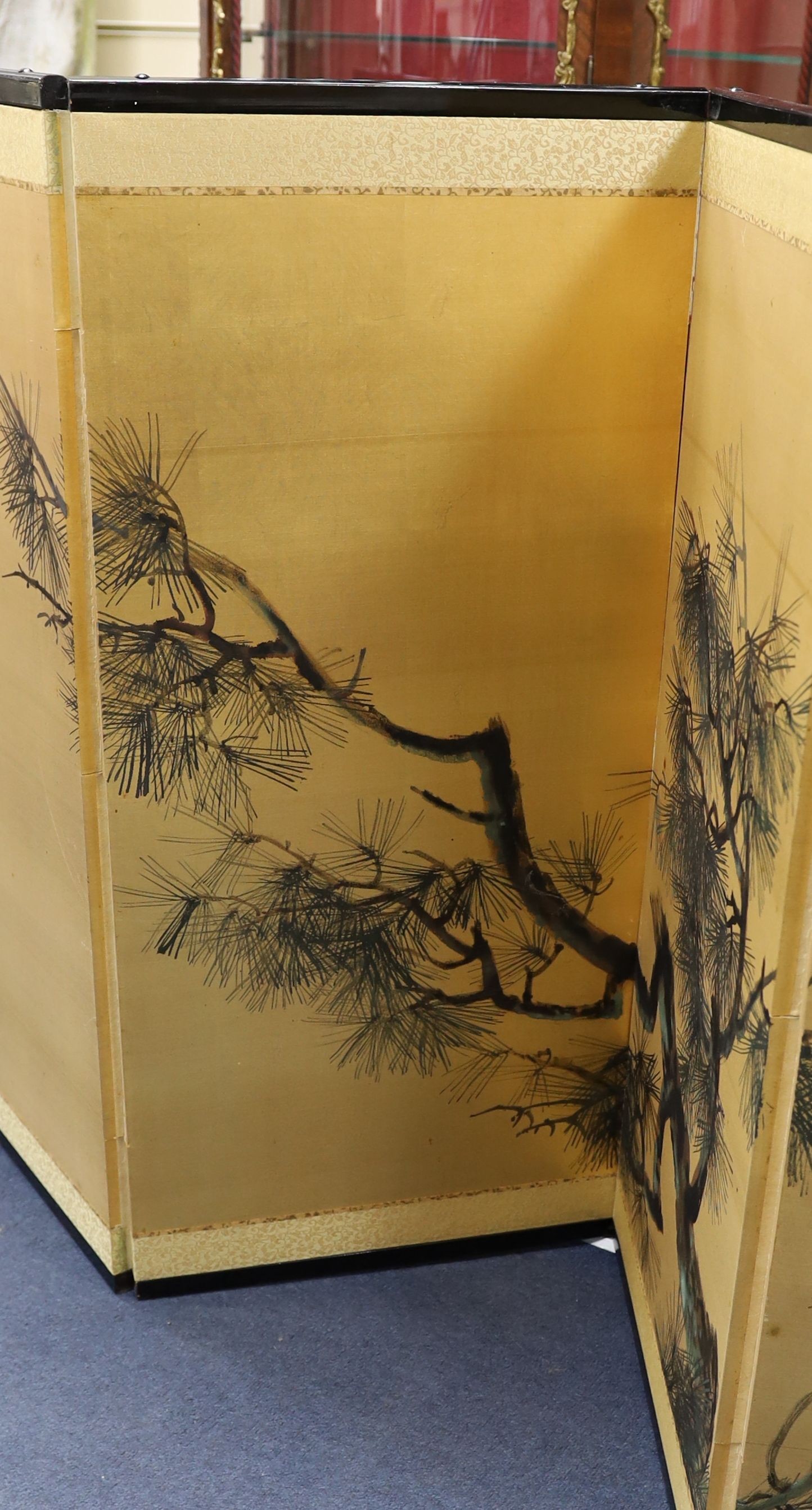 A Japanese gilt screen decorated with pine branches together with a Chinese rectangular wall - Image 3 of 4