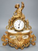 A 19th century French gilt spelter and Alabaster mantel clock, with pendulum,36cms high.