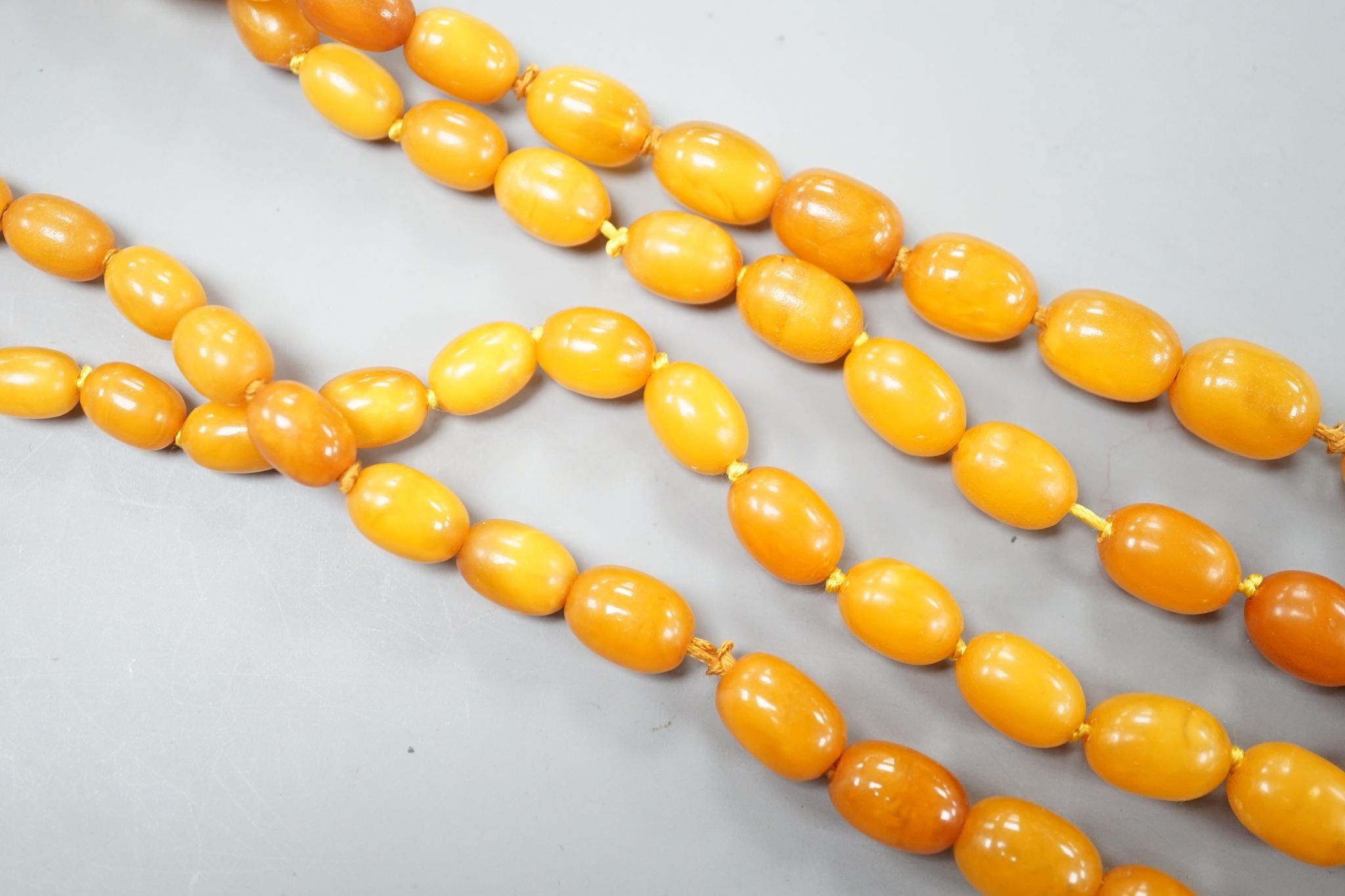 Two single strand graduated oval amber bead necklace, longest 70cm, gross weight 72 grams. - Image 4 of 5