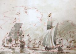 Old Master drawing, red ink and wash, Warships at sea, initialled, 11.5 x 16cm