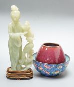A Chinese bowenite jade figure of a lady, a Canton enamel bowl and a Jun type bud vase, tallest 20