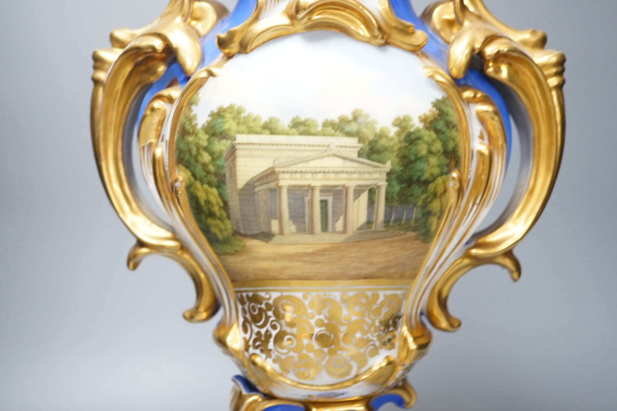 An early 19th century Paris porcelain vase in Feuillet style painted with a folly 44cm - Image 2 of 5