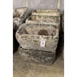 Six rectangular reconstituted stone garden planters, width 34cm, depth 18cm, height 18cm