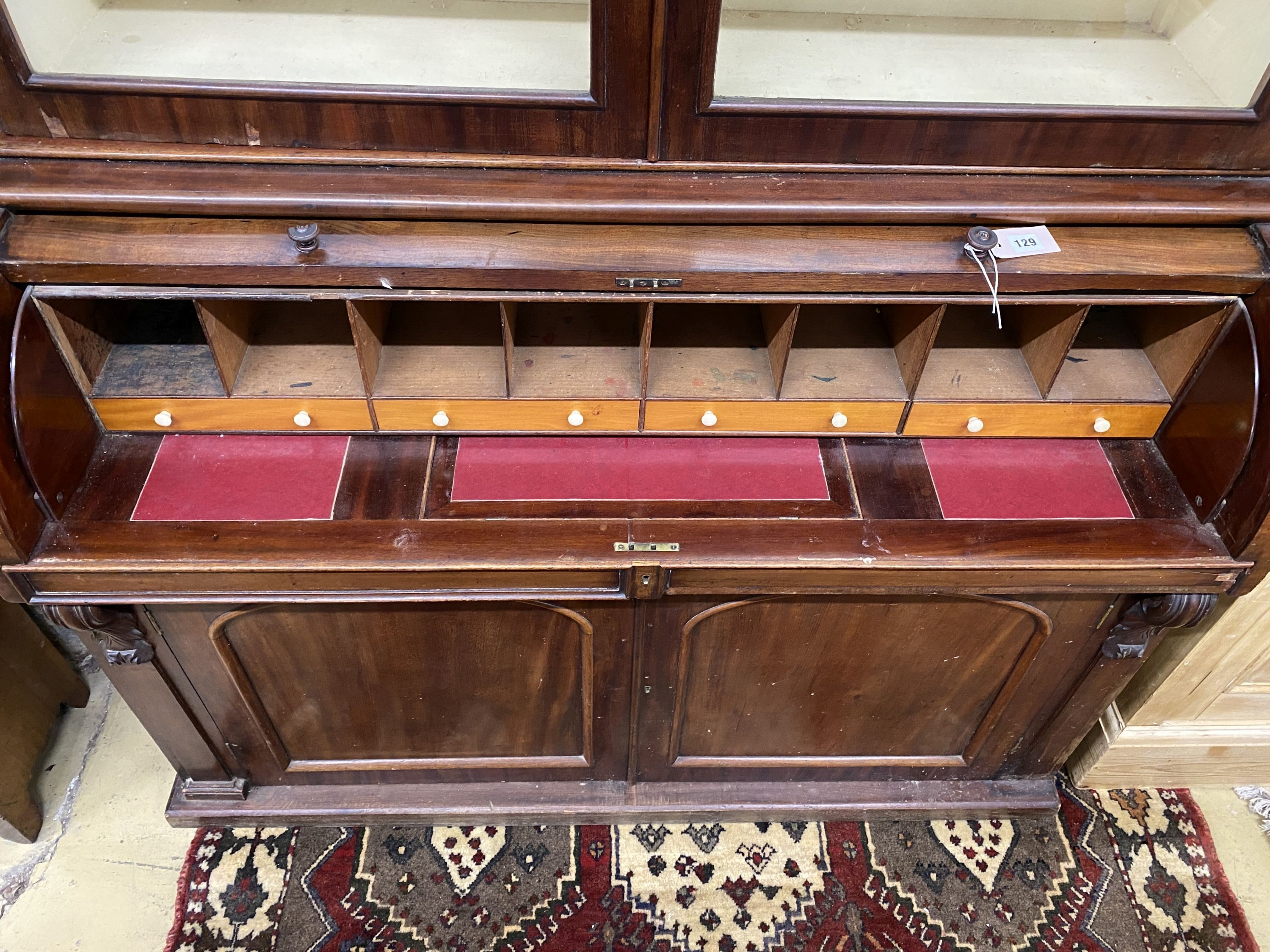 A Victorian mahogany cylinder bureau bookcase, width 130cm, depth 59cm, height 216cm - Image 2 of 2