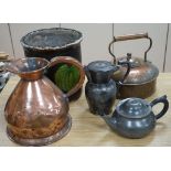 A Copper love token kettle, Georgian copper haystack measure, liberty & Co pewter teapot and a