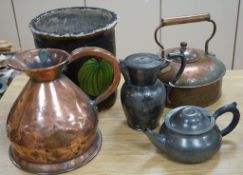 A Copper love token kettle, Georgian copper haystack measure, liberty & Co pewter teapot and a