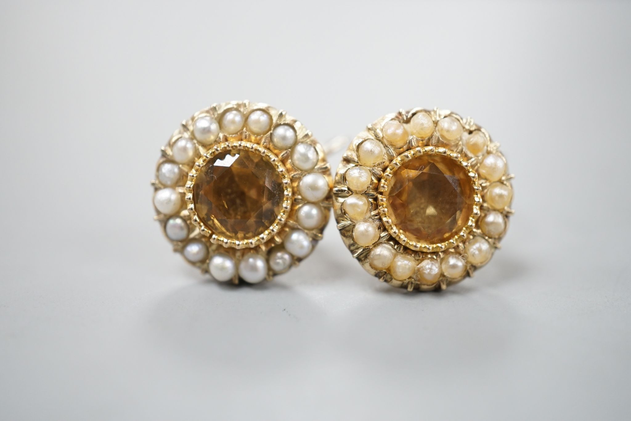 A pair of yellow metal, yellow topaz and split pearl set ear clips(adapted?), 14mm, gross 5.8 - Image 2 of 4