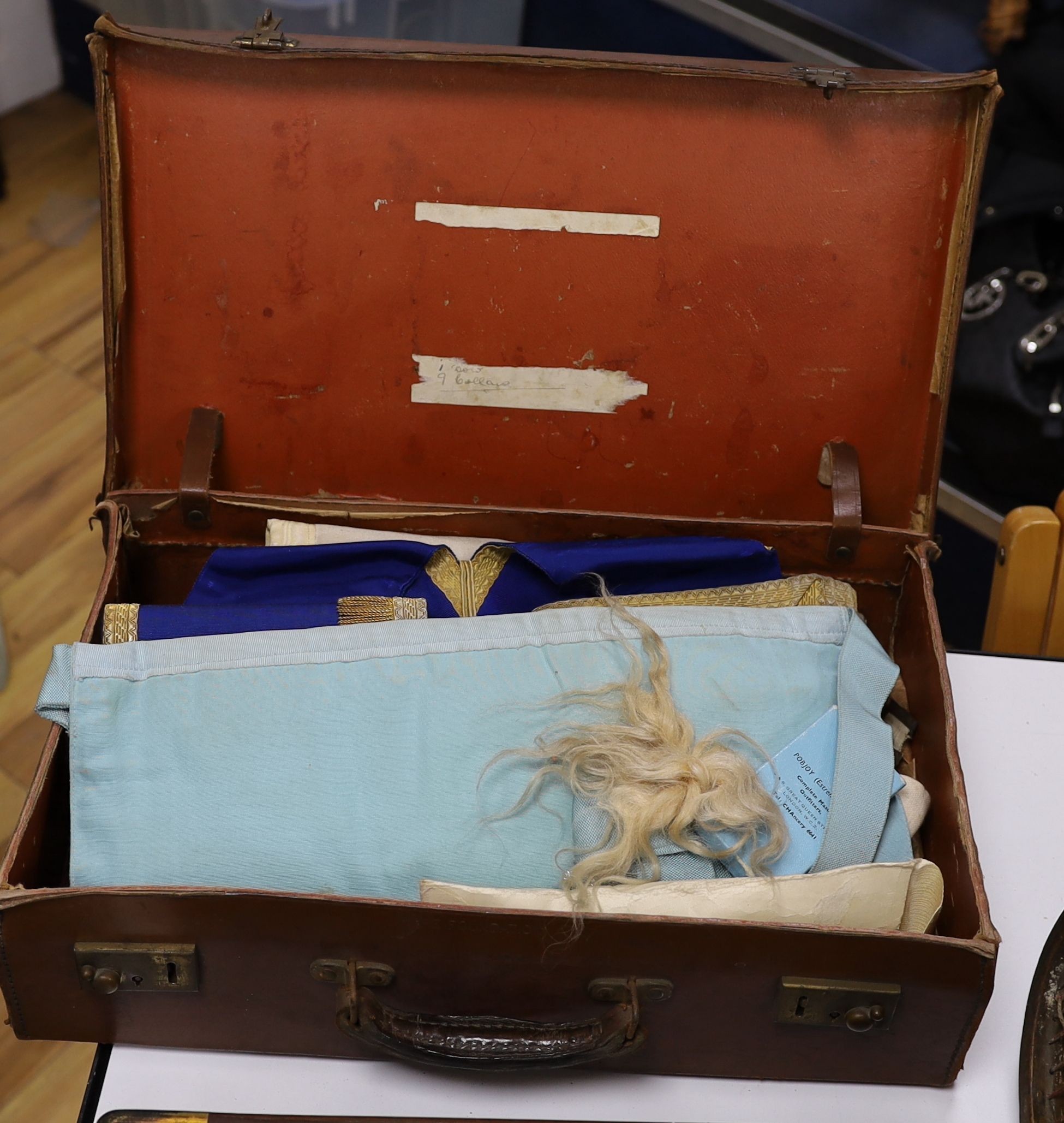 A brass bound writing slope, two small cases of Masonic Regalia and an antique tennis racquet - Image 5 of 6