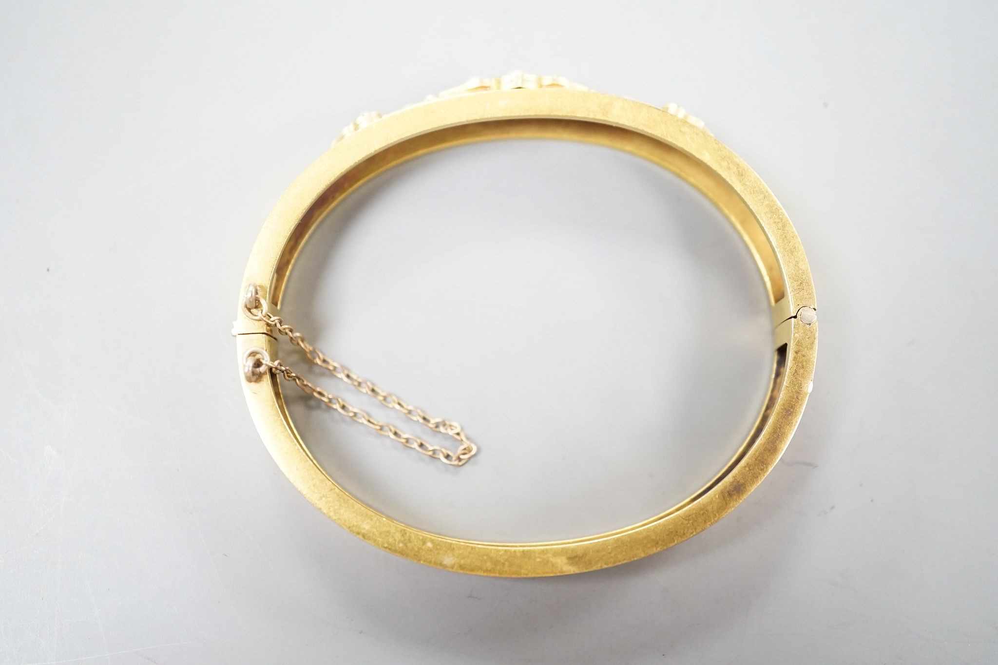 A Victorian yellow metal and split pearl set hinged bangle, interior diameter 55mm, gross weight - Image 5 of 5