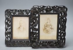 A Chinese carved hongmu ‘dragon’ photo easel frame and a similar ’prunus’ frame, c.1900 (2) Dragon