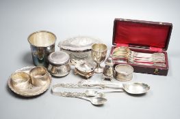 Sundry small silver, white metal and plated items, including a George III silver caddy spoon, French