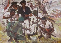 Modern British School, oil on canvas, Soldiers with Japanese Prisoners of War, possibly Malaya, 57 x