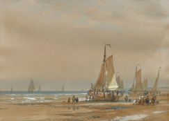 Lodewijk Johannes Kleijn (1817-1897), watercolour, Dutch fisherfolk on the shore at low tide,