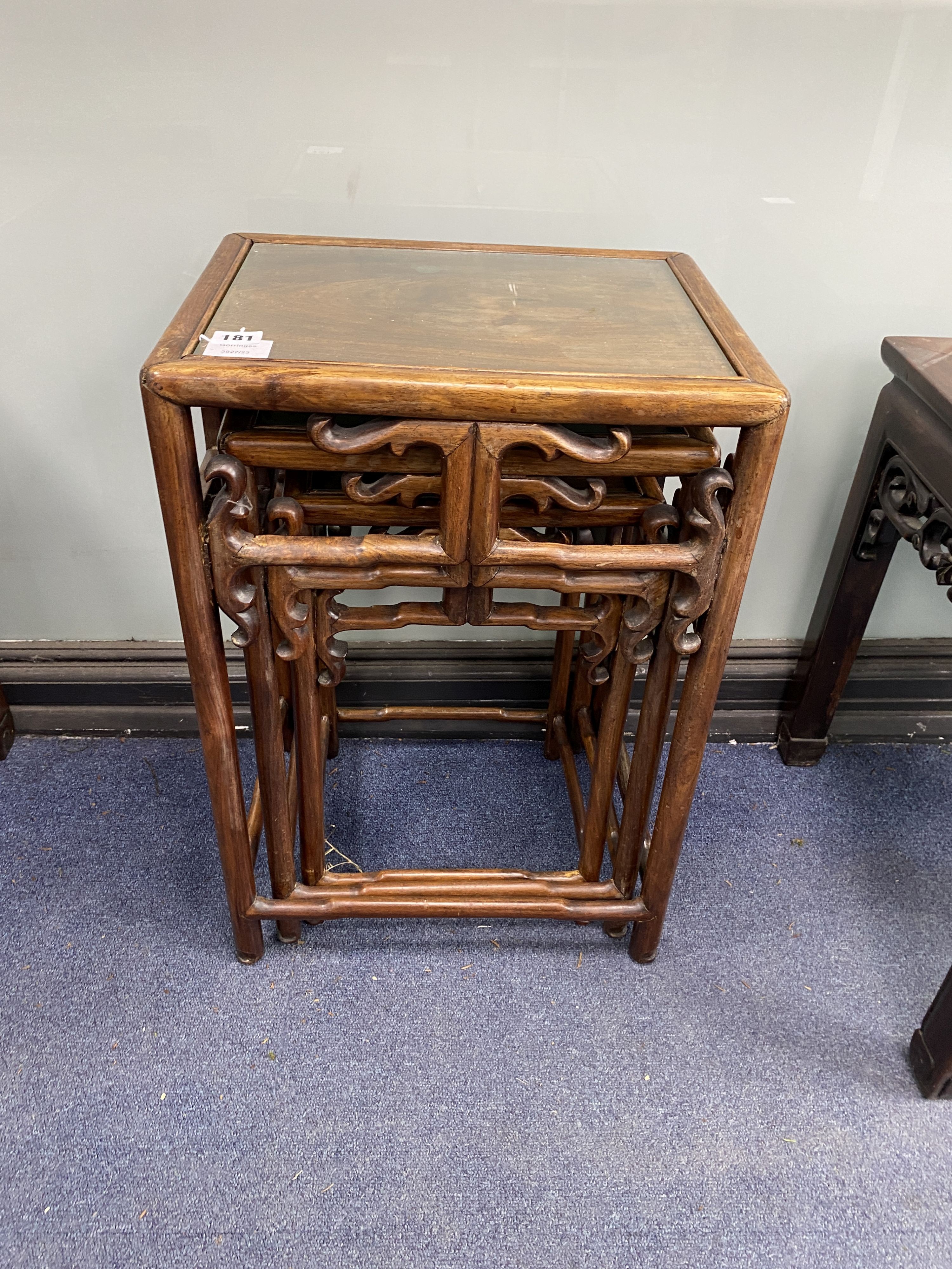 A nest of three Chinese hardwood tables, width 40cm, depth 32cm, height 59cm - Image 3 of 3