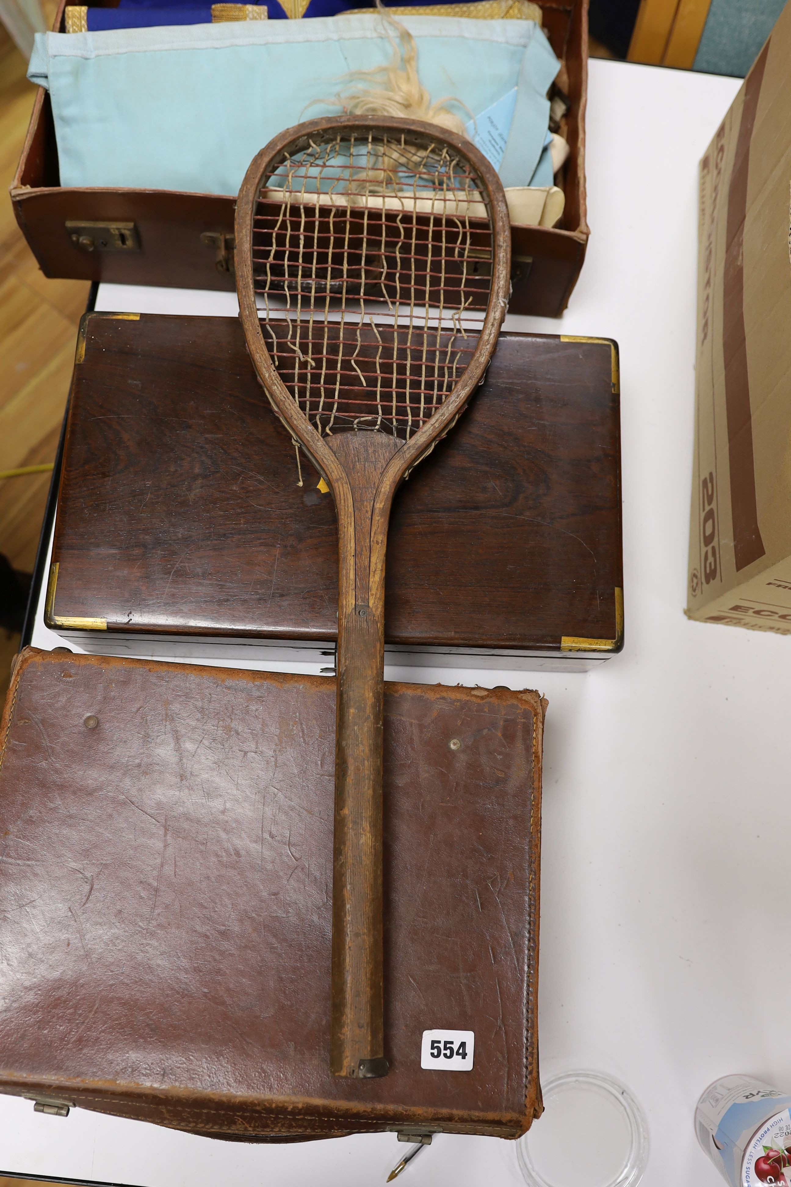 A brass bound writing slope, two small cases of Masonic Regalia and an antique tennis racquet - Image 6 of 6