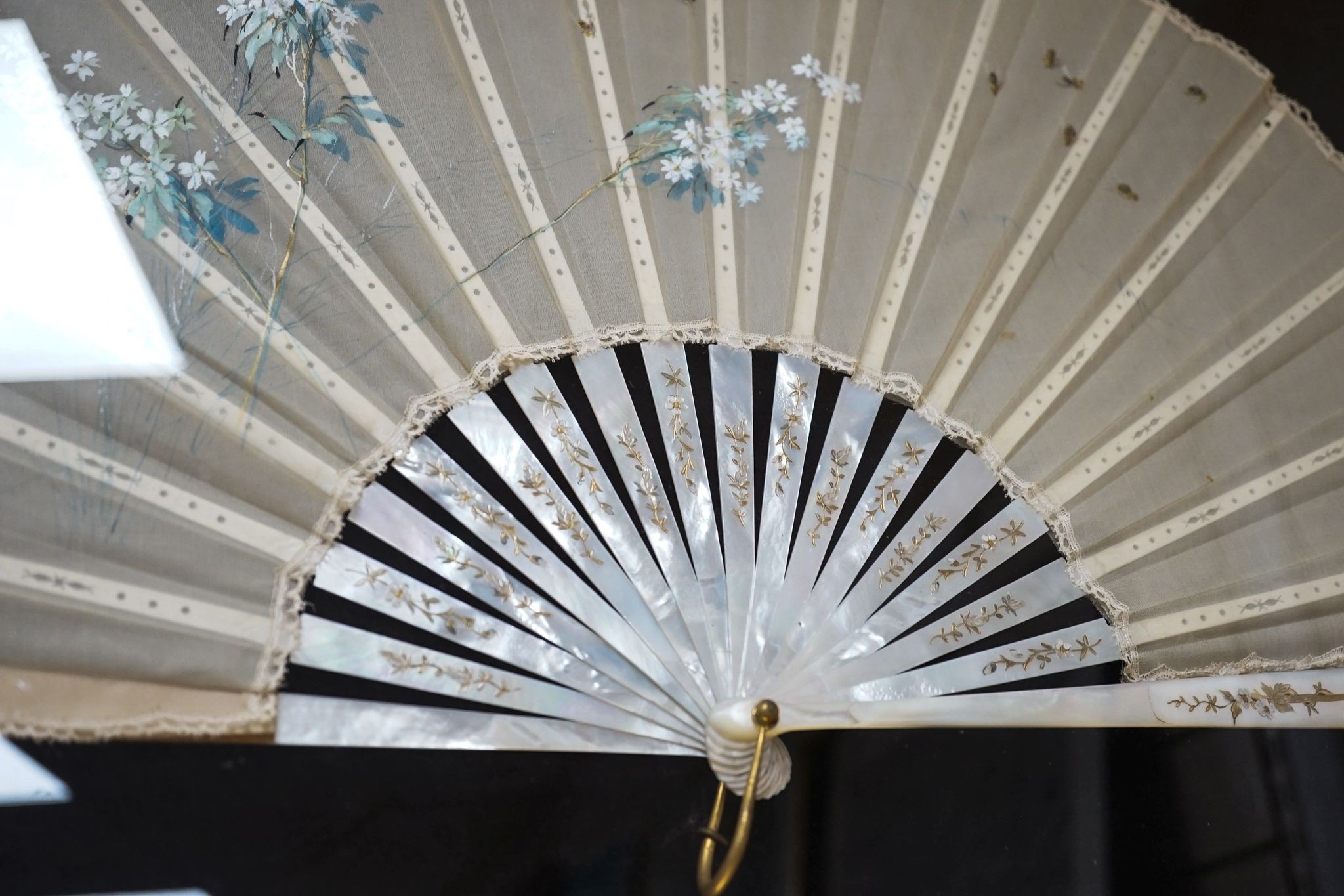 A framed 19th century French mother of pearl and painted silk fan, approx. 60cm long excl frame - Image 8 of 8