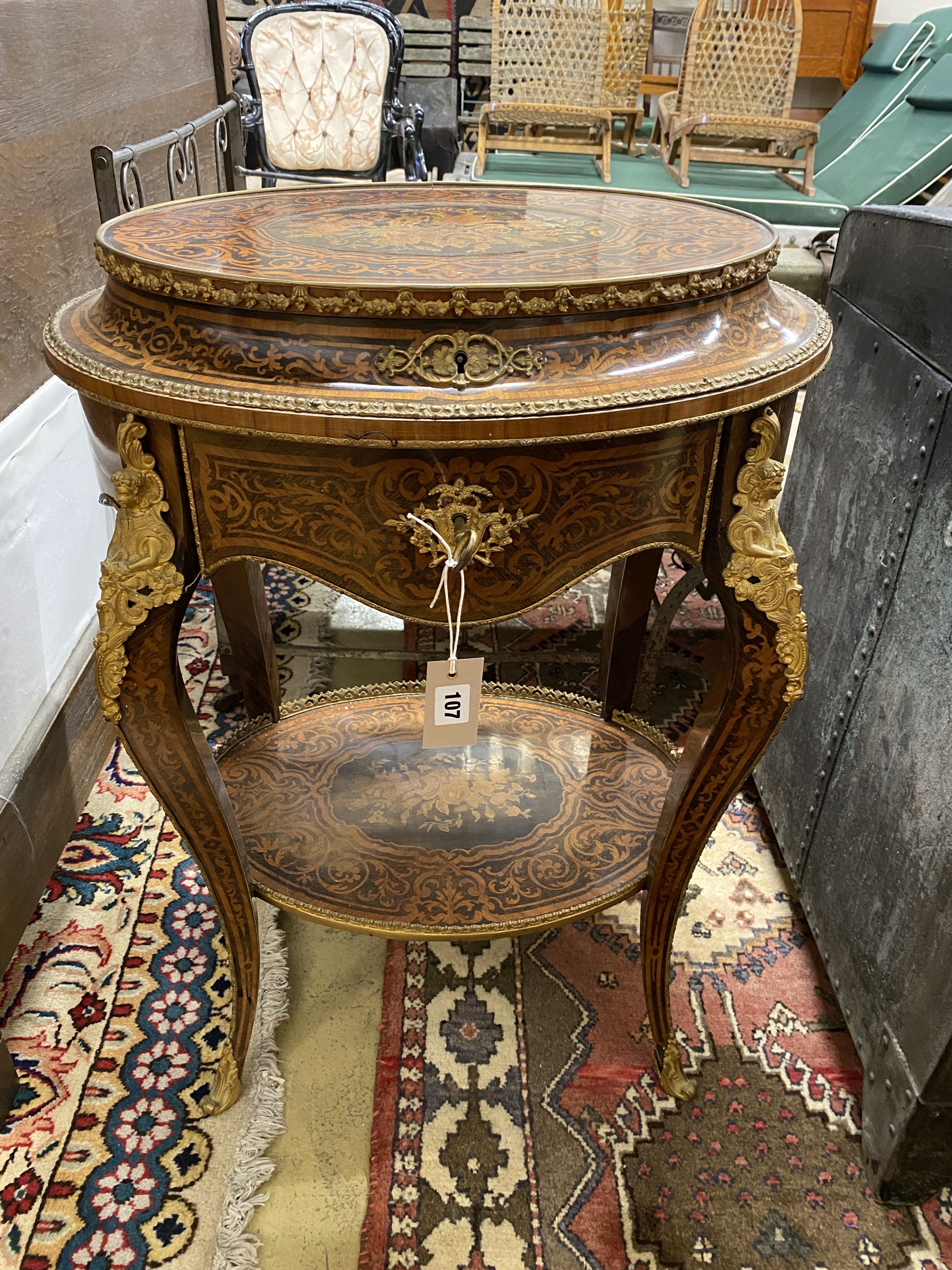 A Louis XVI style marquetry inlaid oval gilt metal mounted two tier work table, width 56cm, depth - Image 3 of 4