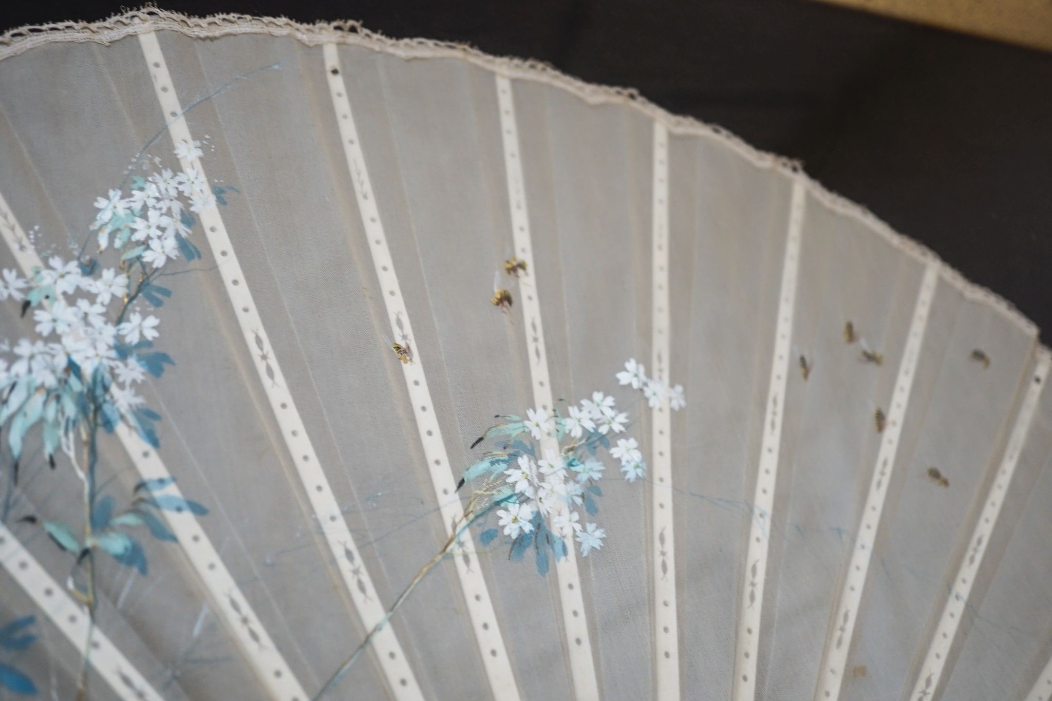 A framed 19th century French mother of pearl and painted silk fan, approx. 60cm long excl frame - Image 5 of 8