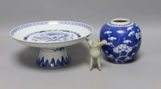 A Chinese blue and white “dragon“ footed dish, 25 cm diameter a Chinese blue and white prunus jar