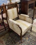 An Edwardian brass inlaid and boulle work rosewood upholstered armchair, width 60cm, depth 60cm,