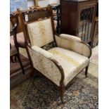 An Edwardian brass inlaid and boulle work rosewood upholstered armchair, width 60cm, depth 60cm,