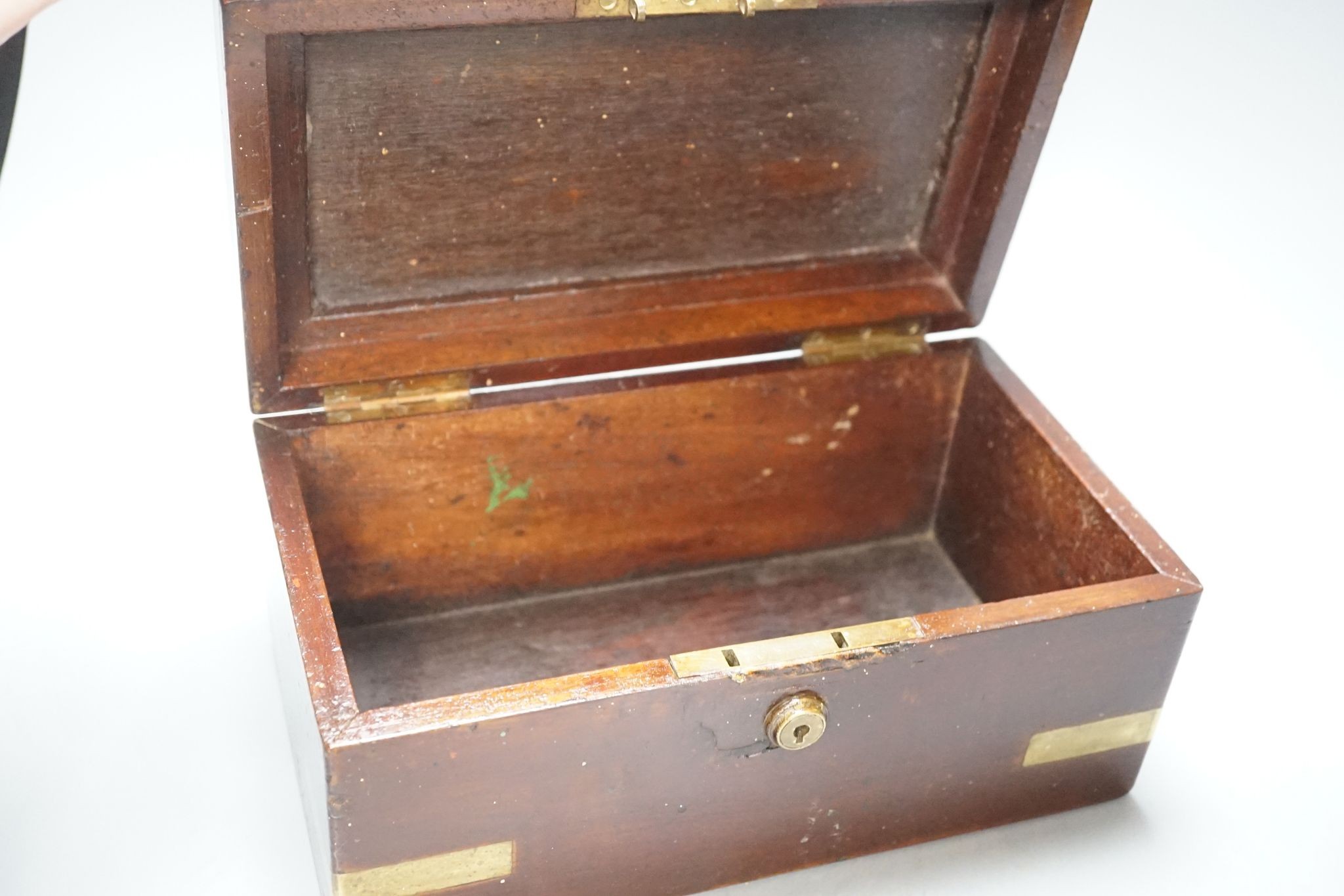 A 19th century French rosewood and marquetry letters box, an inlaid stationary rack and a brass- - Image 6 of 6