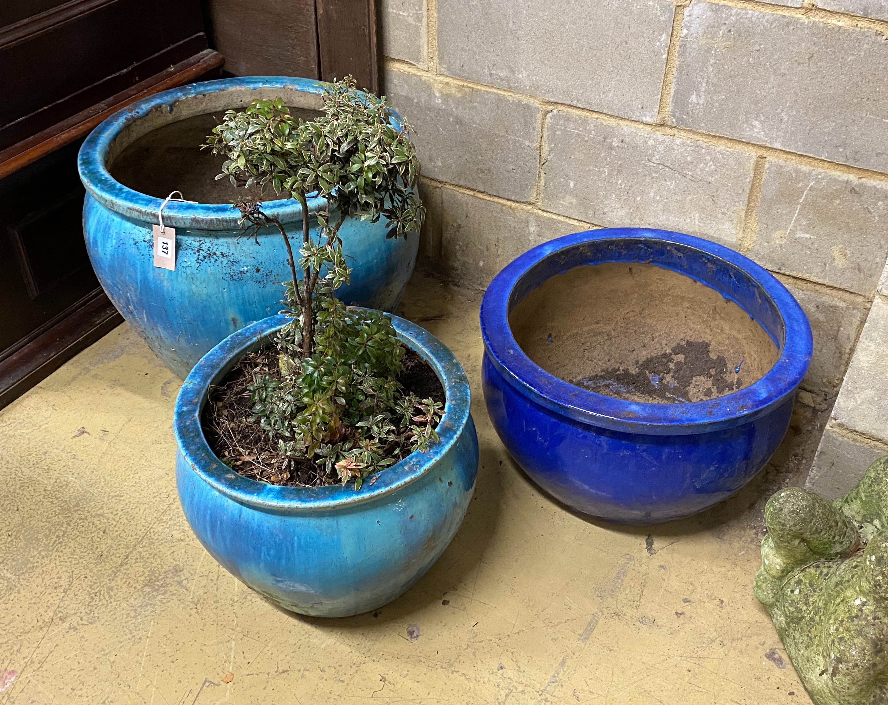 Three circular glazed earthenware garden planters, largest diameter 54cm, height 46cm - Image 2 of 2