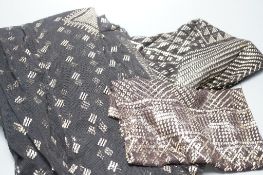 A dress made from a metal and black net Egyptian shawl; a similar shawl and a piece of shawl