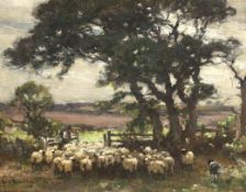 Owen Bowen (1873-1967), oil on canvas board, Shepherd and flock, signed, 28 x 36cm