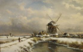 Lodewijk Johannes Kleijn (1817-1897), oil on wooden panel, Winter scene with a windmill, signed,