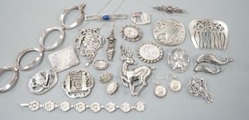 A small collection of mainly 925 and white metal jewellery, including bracelets, comb, brooches