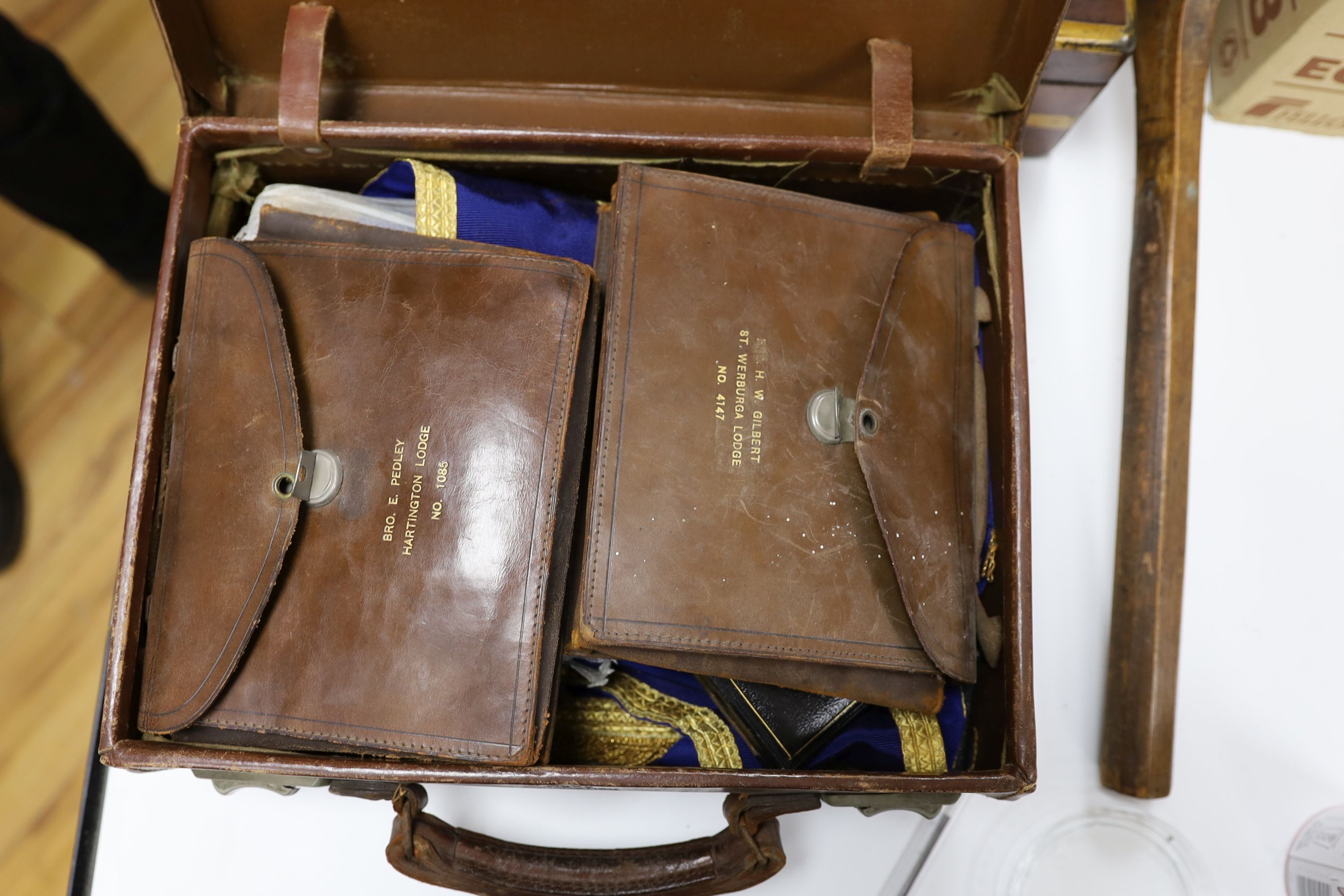 A brass bound writing slope, two small cases of Masonic Regalia and an antique tennis racquet - Image 2 of 6