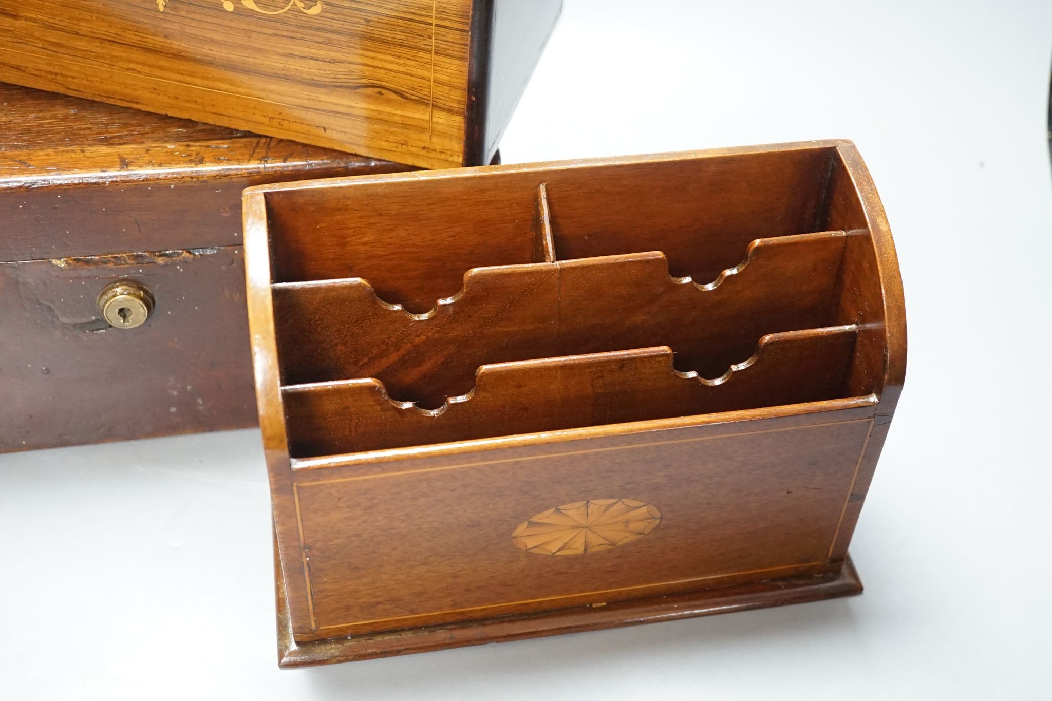 A 19th century French rosewood and marquetry letters box, an inlaid stationary rack and a brass- - Image 3 of 6