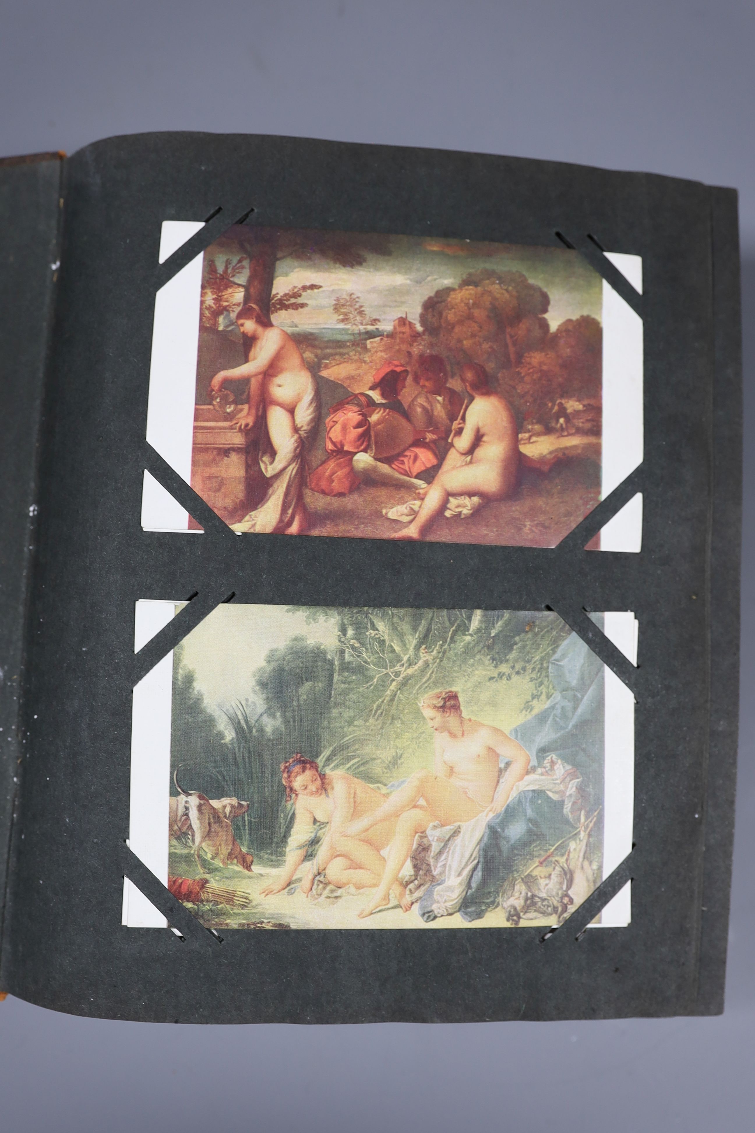 An Edwardian green postcard album, mounted with 68 risque cards and a brown album mounted with - Image 2 of 9