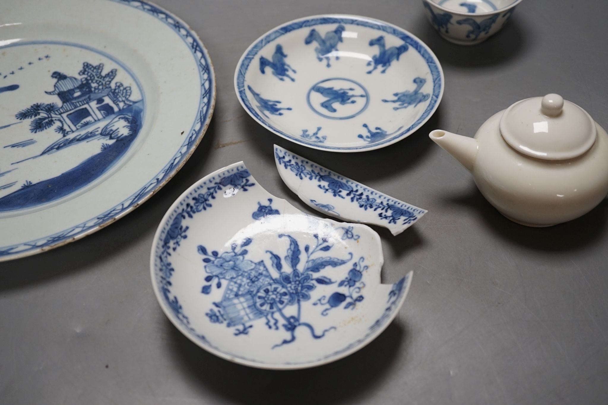 A Chinese blue and white plate, 23.5 cm, a similar tea bowl and saucer, a saucer and a white glaze - Image 3 of 10