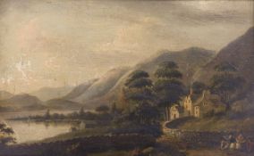 Early 19th century English School, oil on panel, Figures in a Scottish landscape, 13 x 20cm