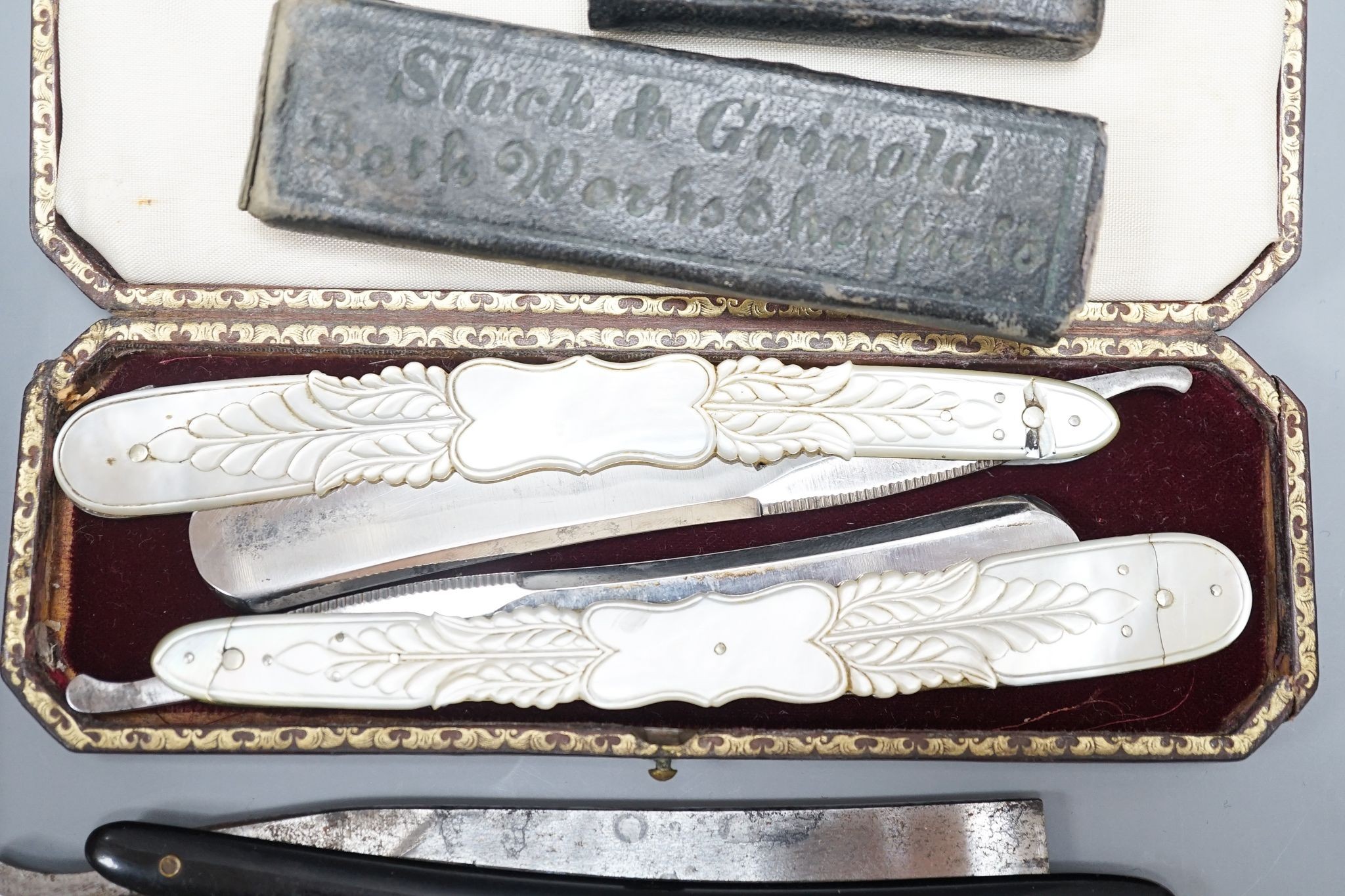 A leather cased pair of mother-of-pearl handled cut throat razors, by J Crawford and three other - Image 3 of 5