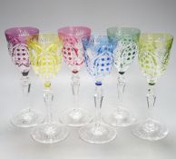 A harlequin set of 6 Val St Lambert colour flashed hock glasses, engraved marks, 21 cm high