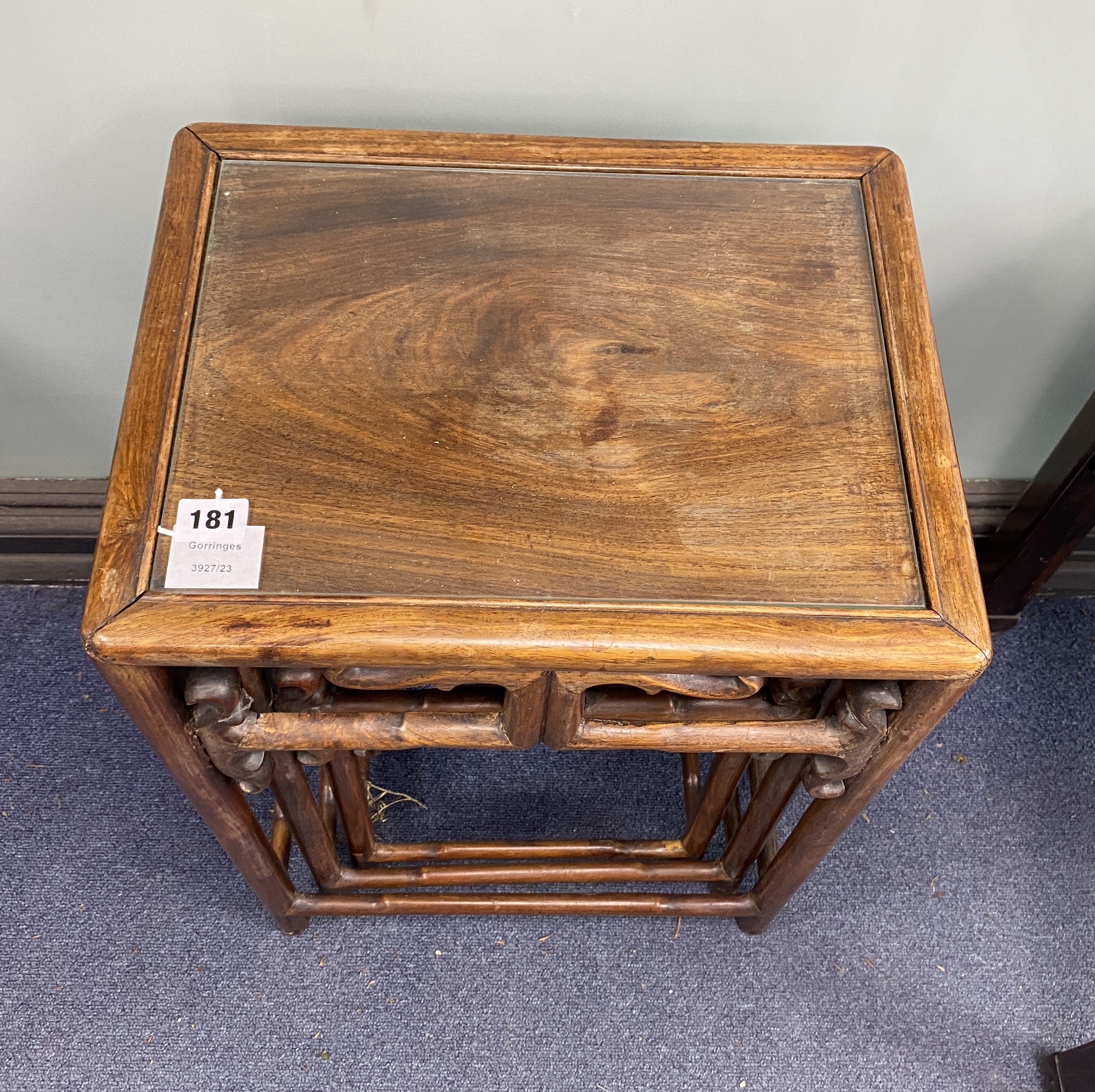 A nest of three Chinese hardwood tables, width 40cm, depth 32cm, height 59cm - Image 2 of 3