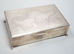 A Chinese Export sterling mounted cigarette box, Lee Yee Hing, engraved with dragon, 17.3cm, gross